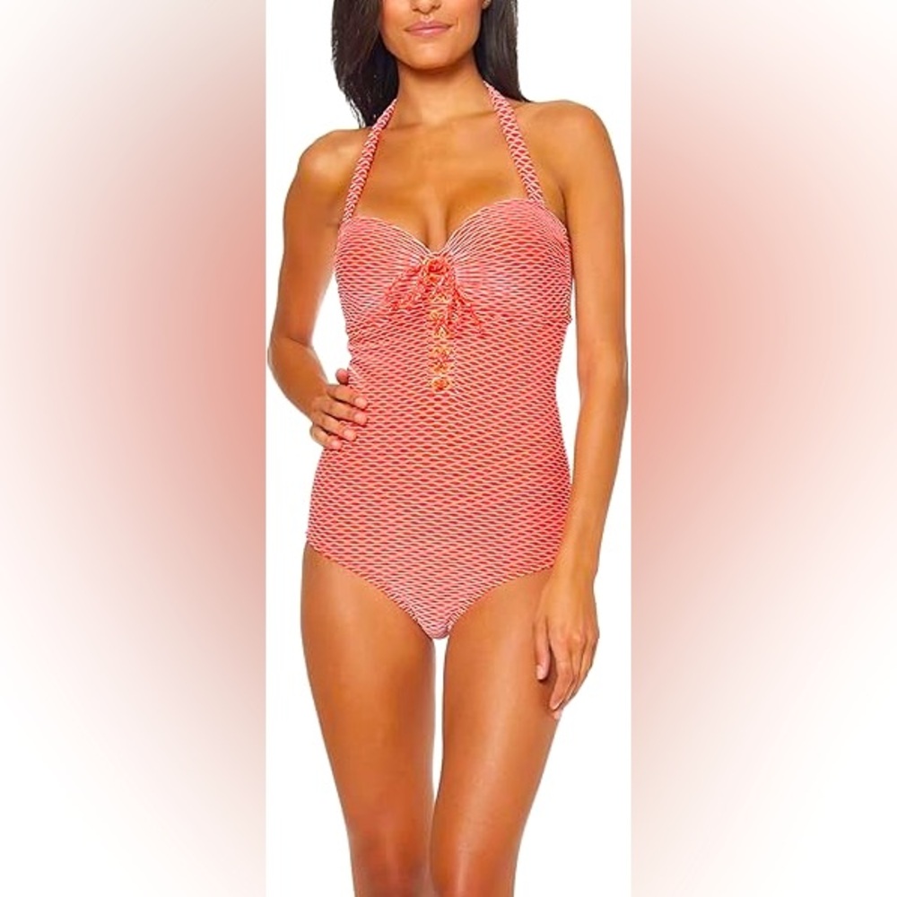 Orange and white one piece bathing suit